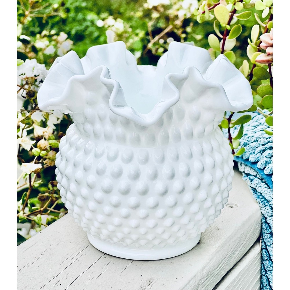 Vintage Fenton Double Crimped Hobnail Milk Glass Vase Shape 3854  Mint Condition